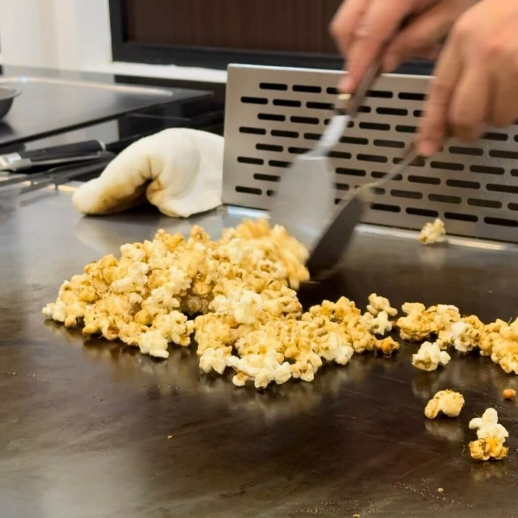 苗栗美食後花園鐵板燒，餐後甜點鐵板桂花爆米花